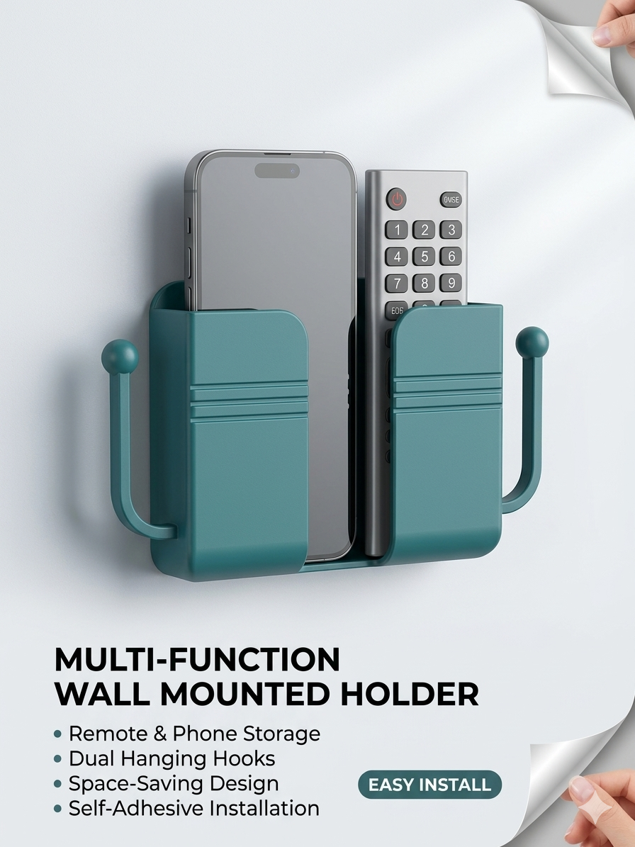 Multi-Function Wall Mounted Phone & Remote Holder with Dual Hooks