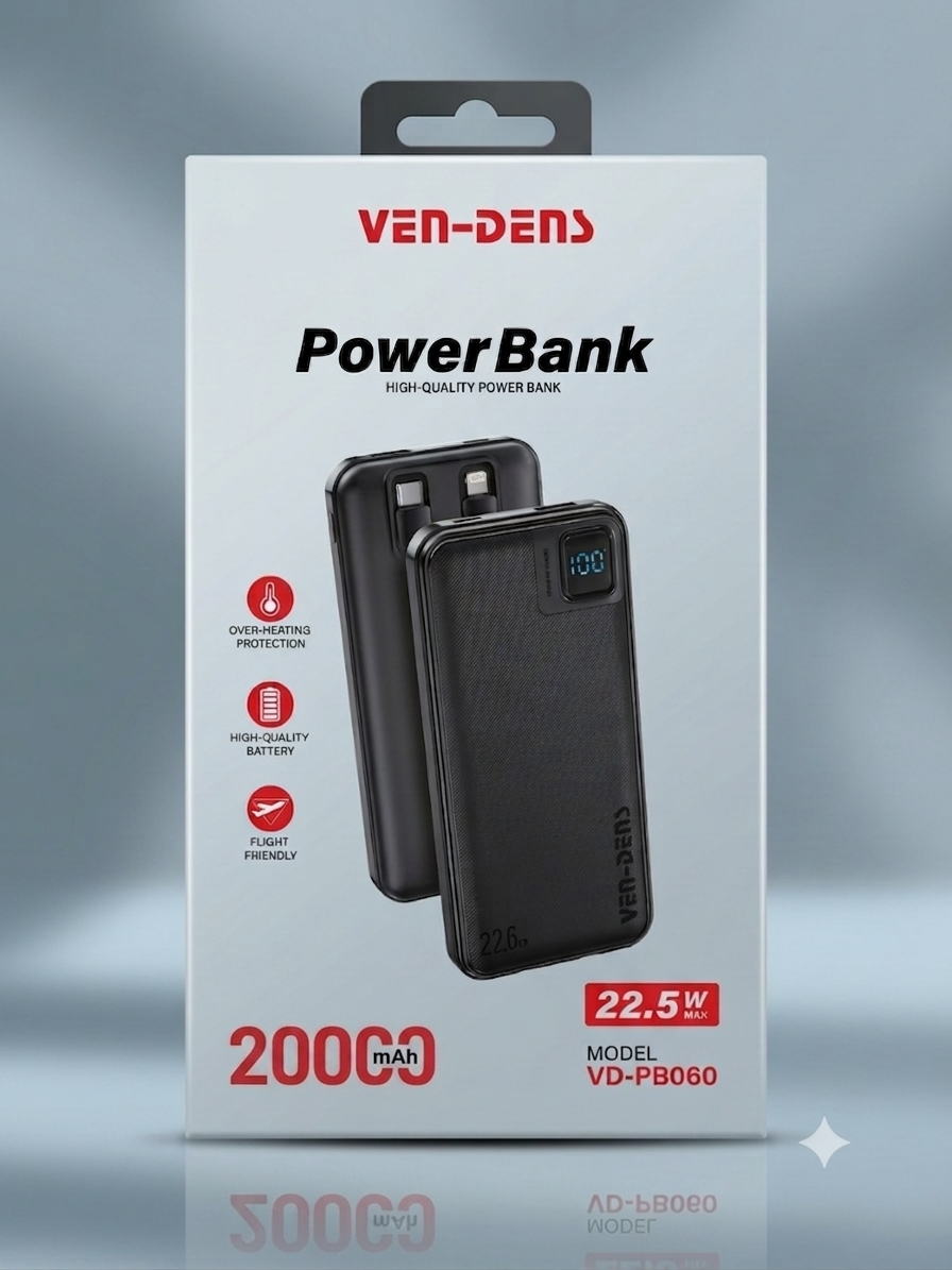 20,000 mah Power Bank with Digital LED Display & Built-in Cables