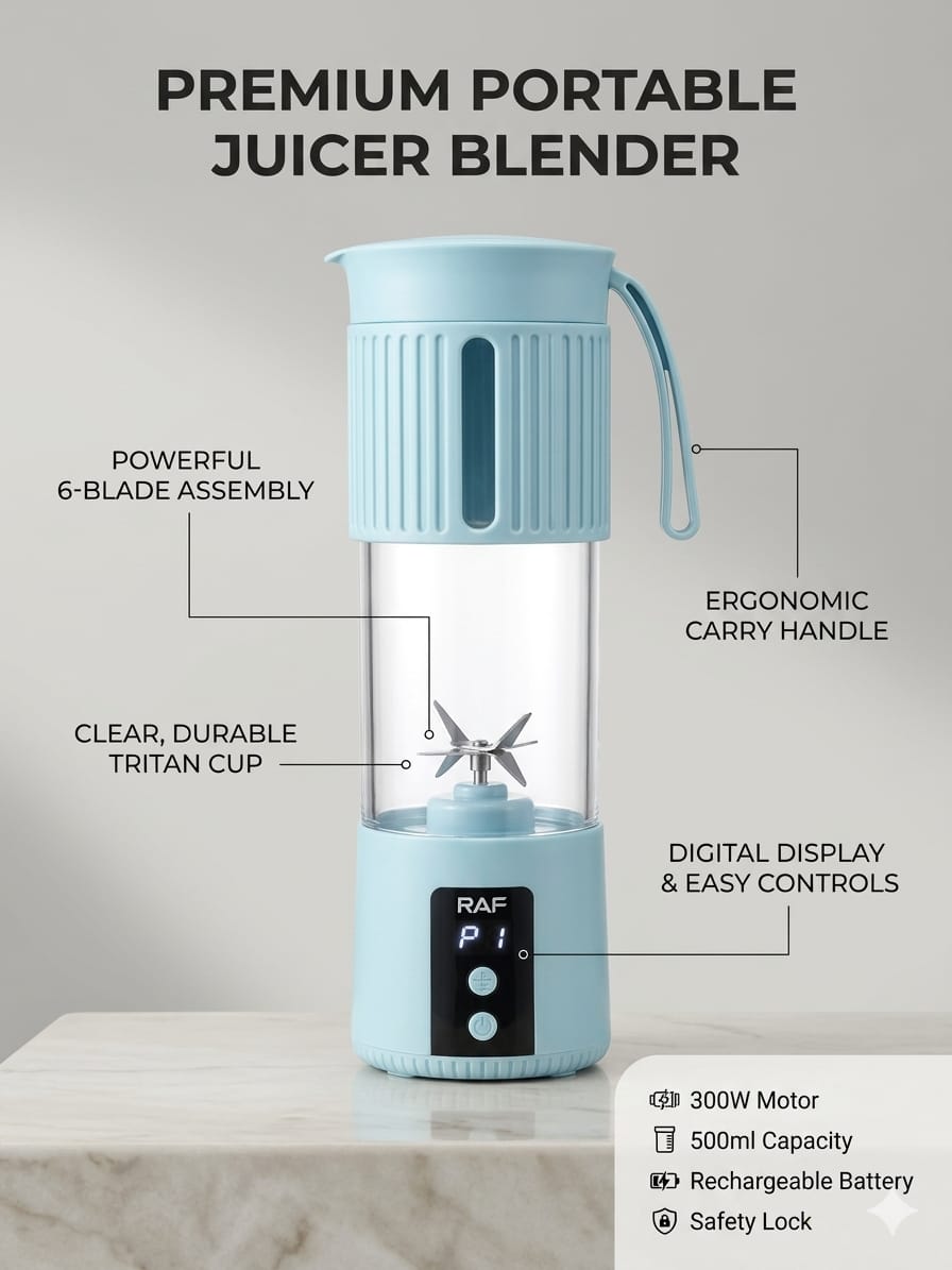 Premium Portable Juicer Blender – 500ml Tritan Cup Personal Smoothie Maker with 300W Motor, 6-Blade Assembly, Digital Display, and Rechargeable Battery