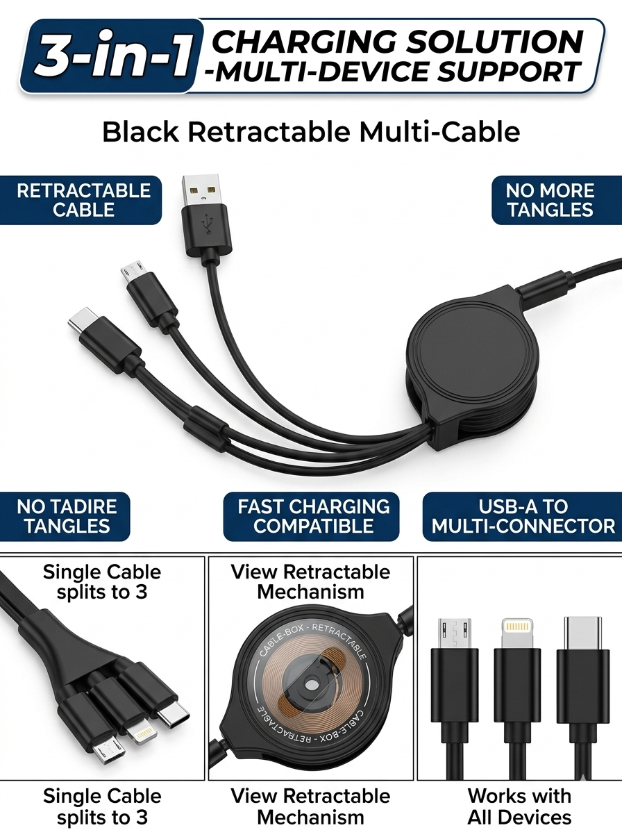 3 in 1 Retractable Fast Charging Cable – USB to Type-C / Micro USB / Lightning Charging Cable