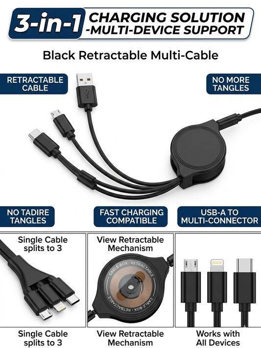 3 in 1 Retractable Fast Charging Cable – USB to Type-C / Micro USB / Lightning Charging Cable