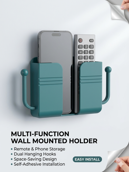 Multi-Function Wall Mounted Phone & Remote Holder with Dual Hooks