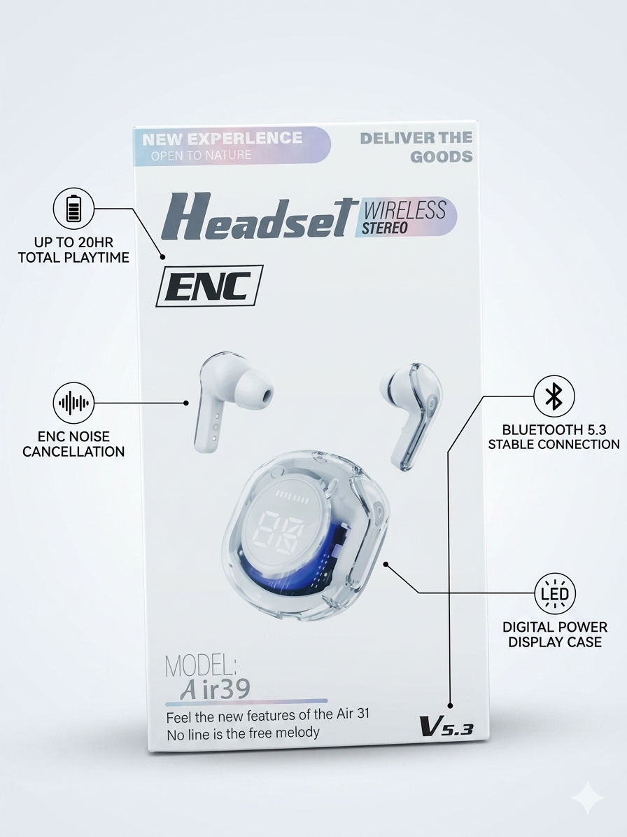 Air39 Wireless Stereo Headset – Bluetooth 5.3 Transparent Earbuds with ENC Noise Cancellation, LED Digital Power Display Case, and Up to 20 Hours Total Playtime