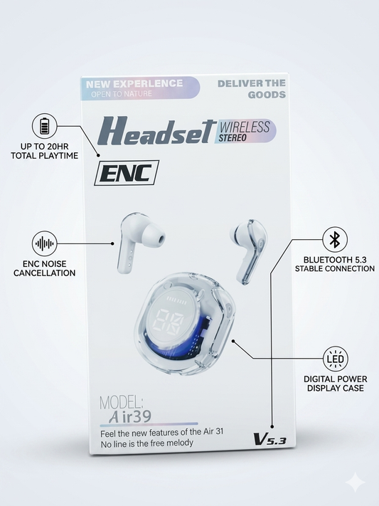 Air39 Wireless Stereo Headset – Bluetooth 5.3 Transparent Earbuds with ENC Noise Cancellation, LED Digital Power Display Case, and Up to 20 Hours Total Playtime