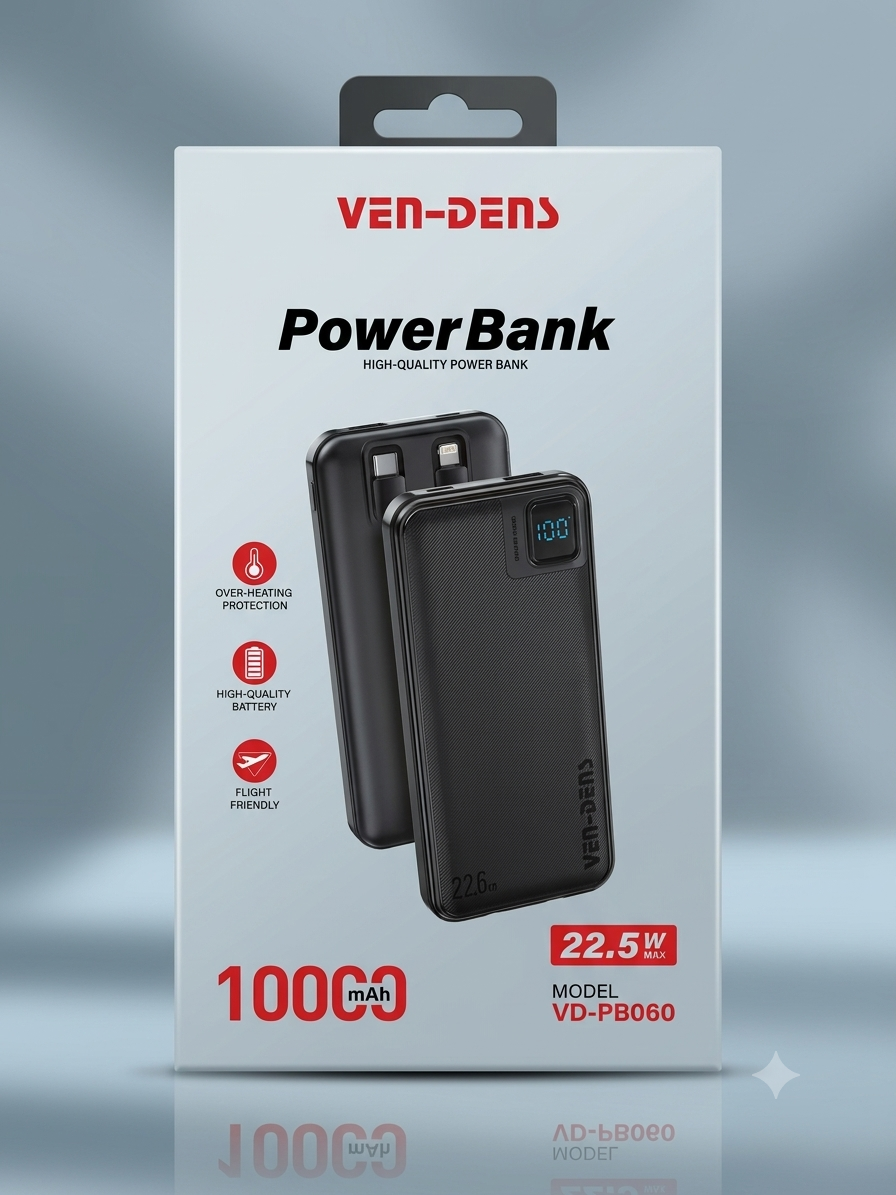 10000mAh 22.5W Fast Charging Power Bank with Digital Display & Built-in Cables
